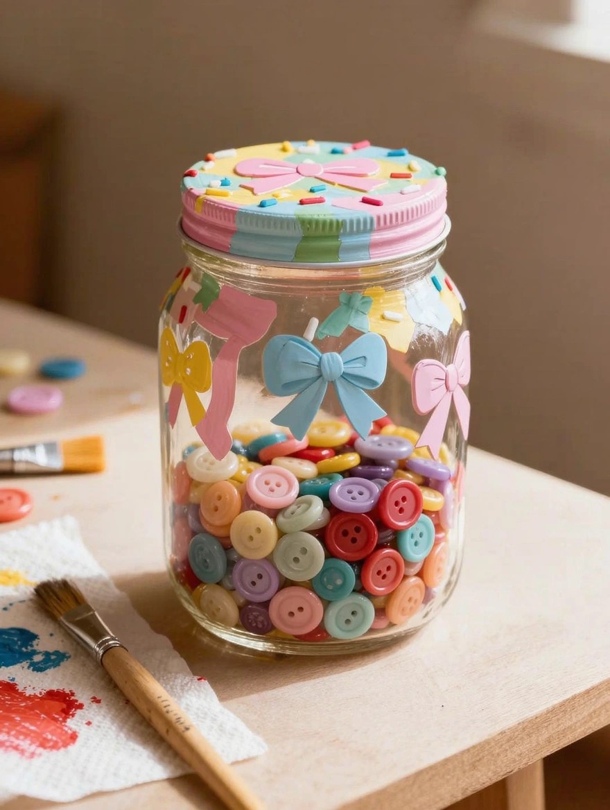 A clear glass mason jar filled with colorful buttons, painted with pink, blue, and yellow bows and flowers, and a matching painted lid with sprinkle designs, surrounded by buttons, brushes, and paint on a table.