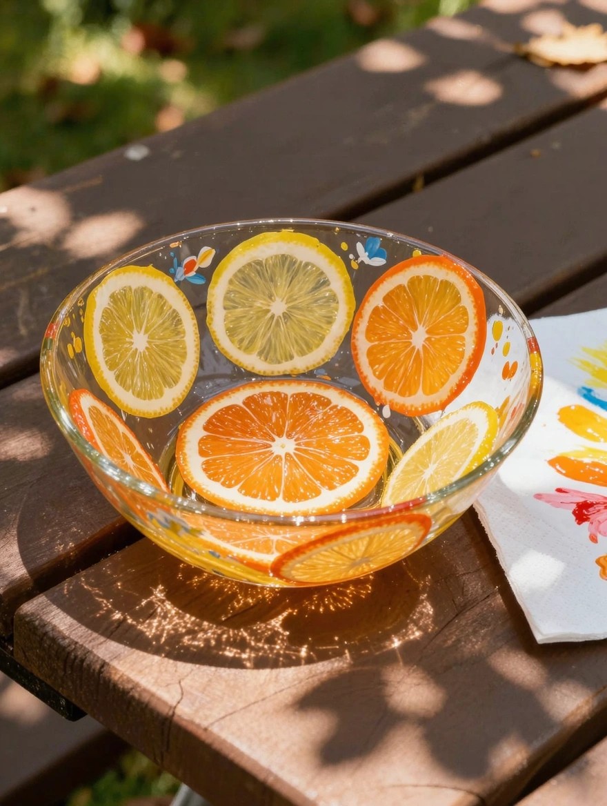 A clear glass bowl interior painted with overlapping orange and lemon slices sits on an outdoor wooden table next to a napkin.