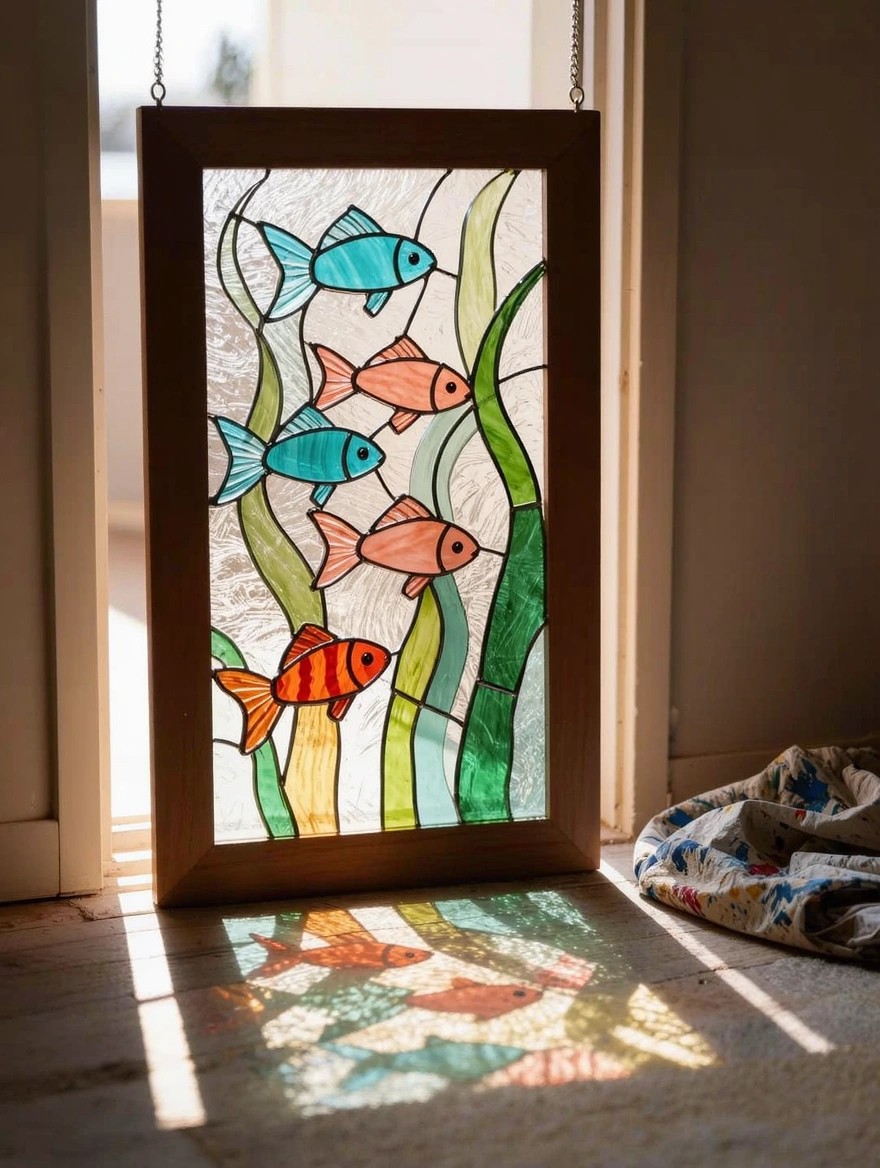 A tall wooden-framed stained glass panel with colorful fish and green seaweed hangs from chains near a window, casting multicolored shadows on the wooden floor.