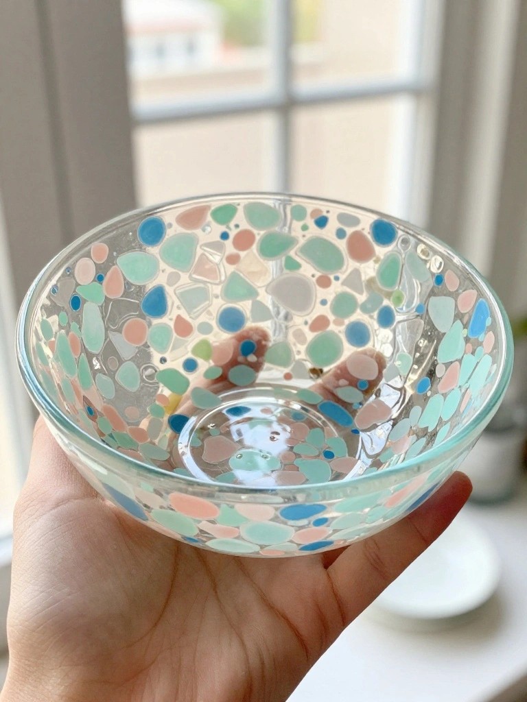 Hand holding clear glass bowl with colorful blue green pink pebble patterns