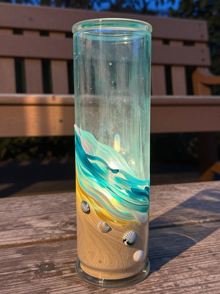 Tall glass vase with sand, seashells, and swirling blue wave designs