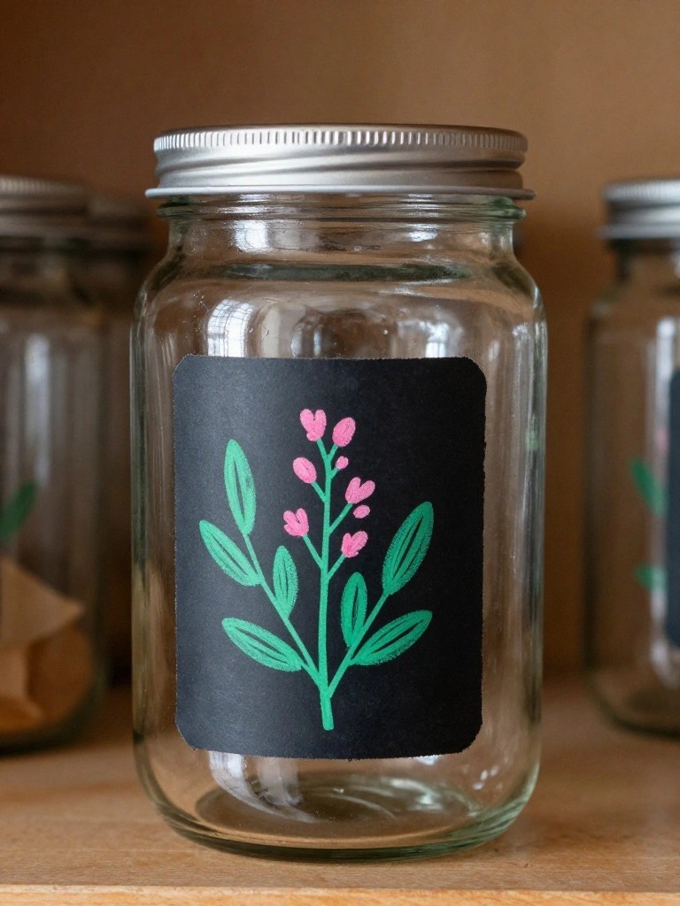 A clear glass jar with a silver lid has a black painted label showing green leaves and pink flowers.