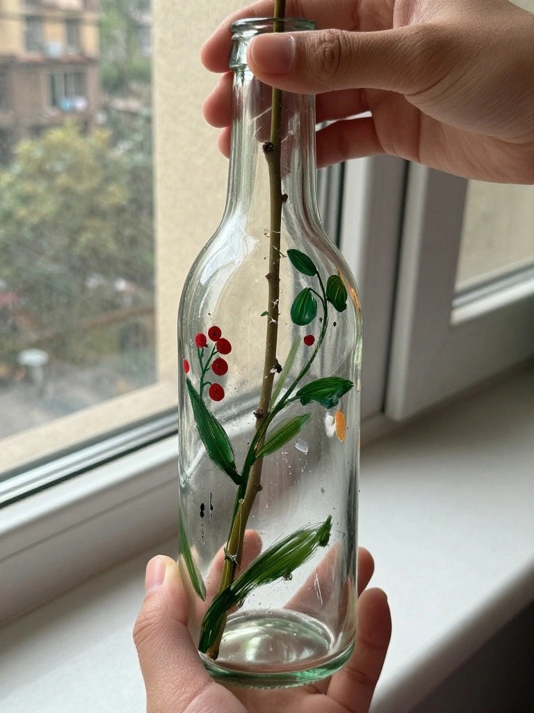 Hands holding glass bottle painted with green leaves and red berries