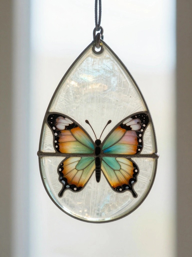Teardrop stained glass suncatcher with vibrant multicolored butterfly on clear background.
