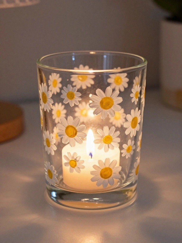 Lit white candle in glass holder painted with white and yellow daisies.