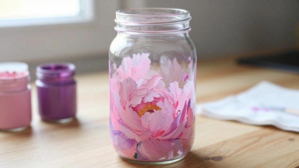 17 Bold Glass Cup Painting Ideas That Add Color to Clear Drinkware A clear glass jar with a large pink peony painted on it sits on a wooden table next to paint bottles.