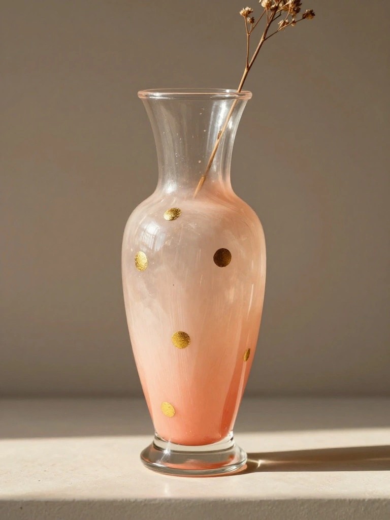 Pink gradient vase with gold dots holding dried flowers on white surface.