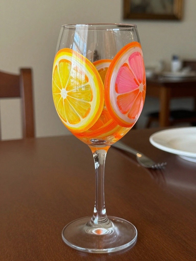 A clear wine glass painted with overlapping slices of lemon, orange, and pink grapefruit on the bowl.