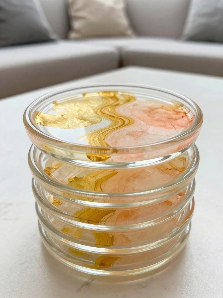 Stack of translucent resin coasters with gold and pink marbled patterns on white table