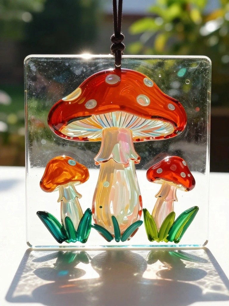 Stained glass panel with three colorful mushrooms and green grass on clear square