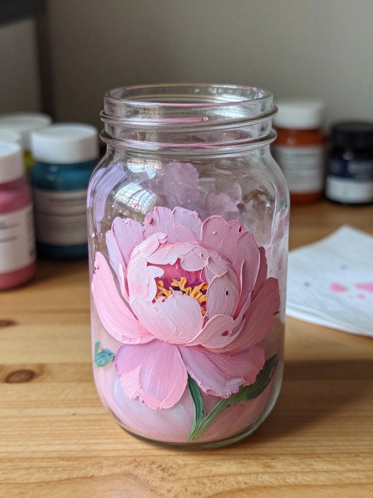 A clear glass jar with a large pink peony painted on it sits on a wooden table next to paint bottles.