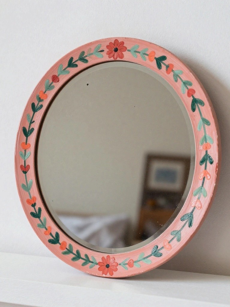Round pink mirror frame with colorful painted floral vines on white ledge.