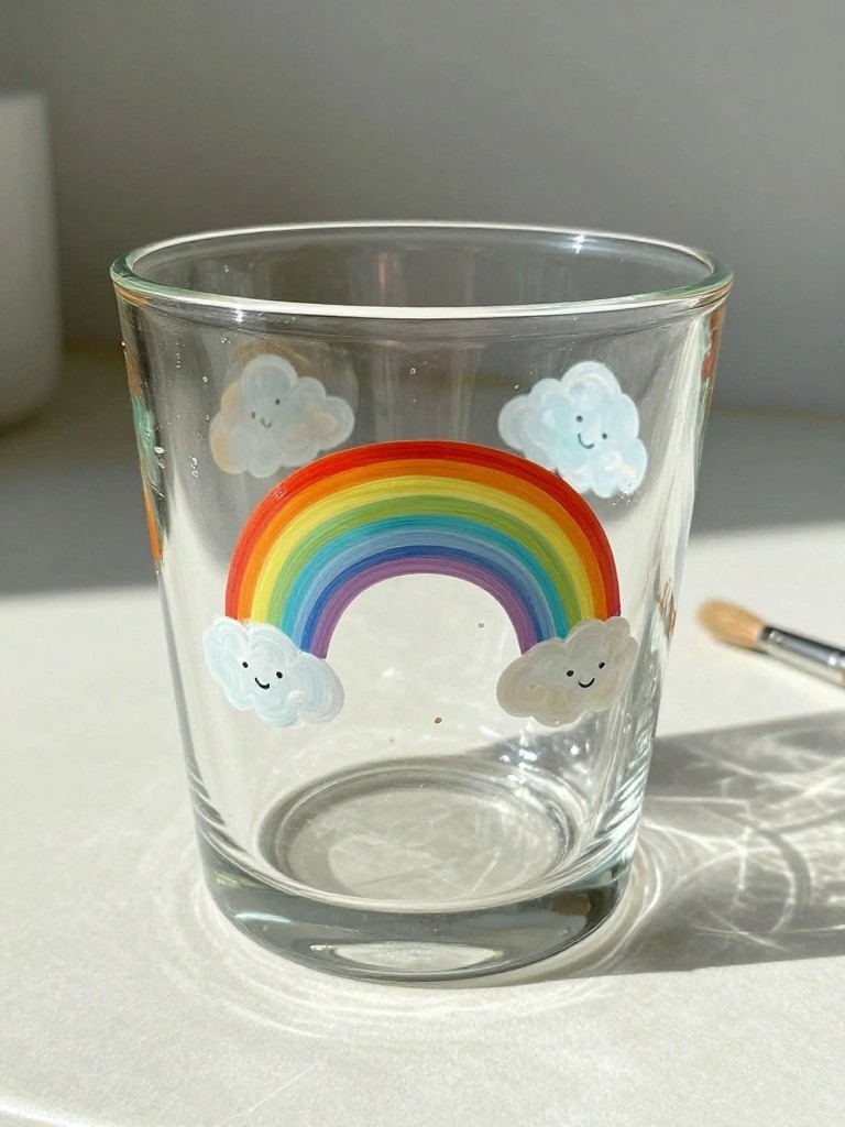 Clear glass tumbler with colorful rainbow and four smiling clouds