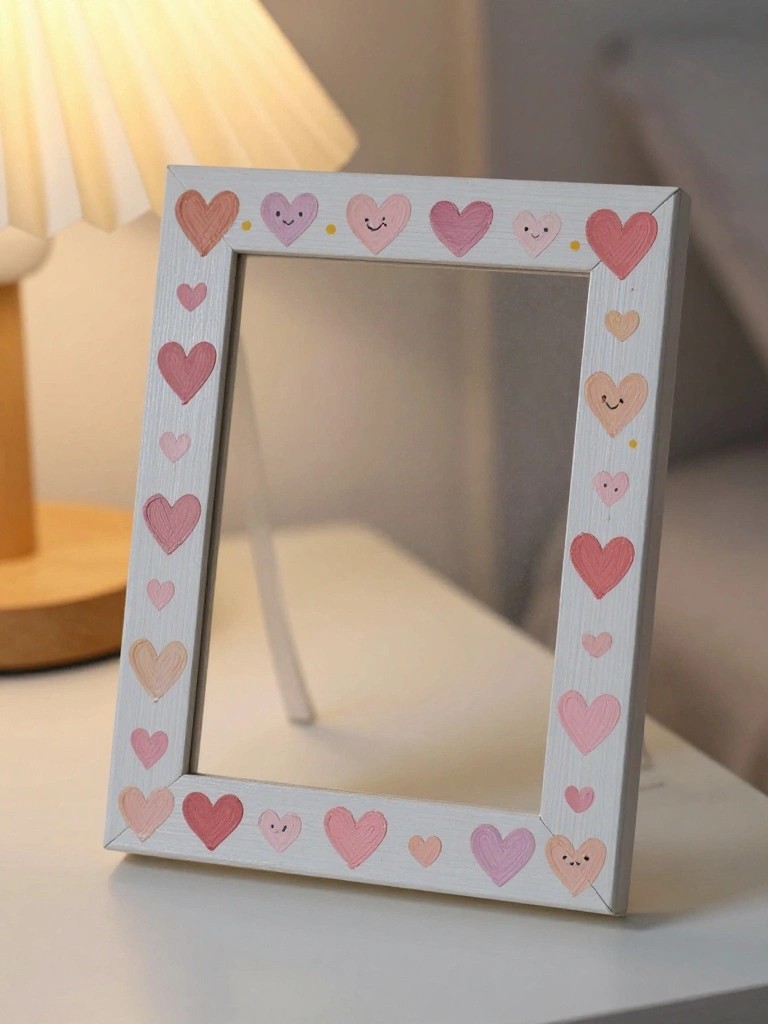 White frame adorned with pink hand-painted hearts and smiley faces on table