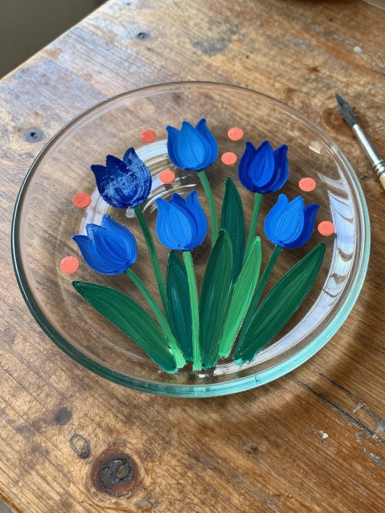 Blue tulips with green leaves painted on glass plate with orange dots on wood