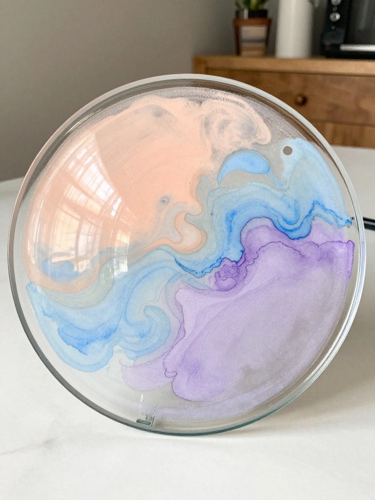 Circular glass dish with swirling peach, blue, and purple abstract patterns