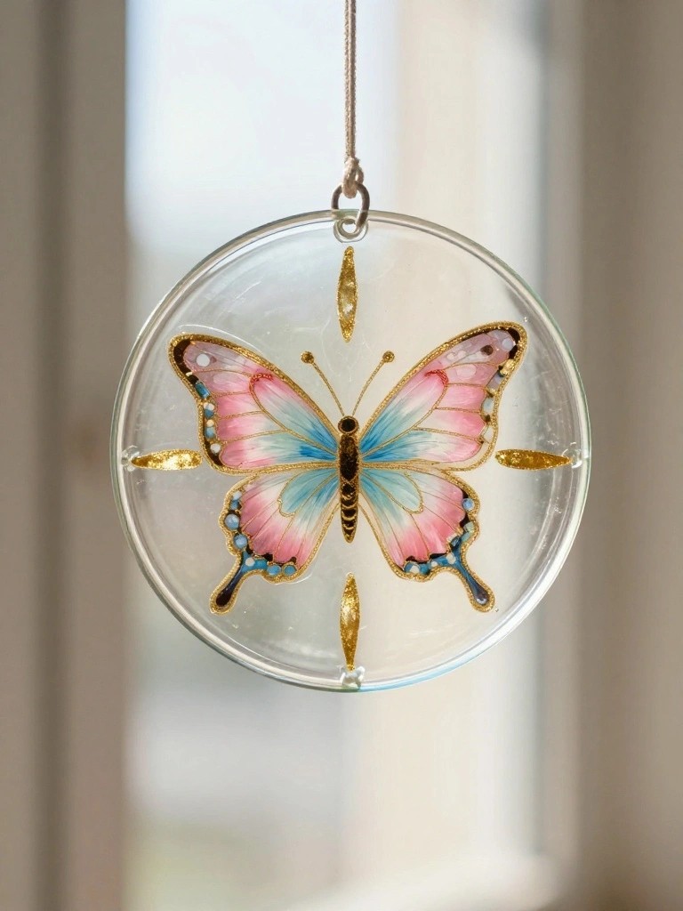 A round clear glass ornament with a pink and blue butterfly painted on it hangs from a string.