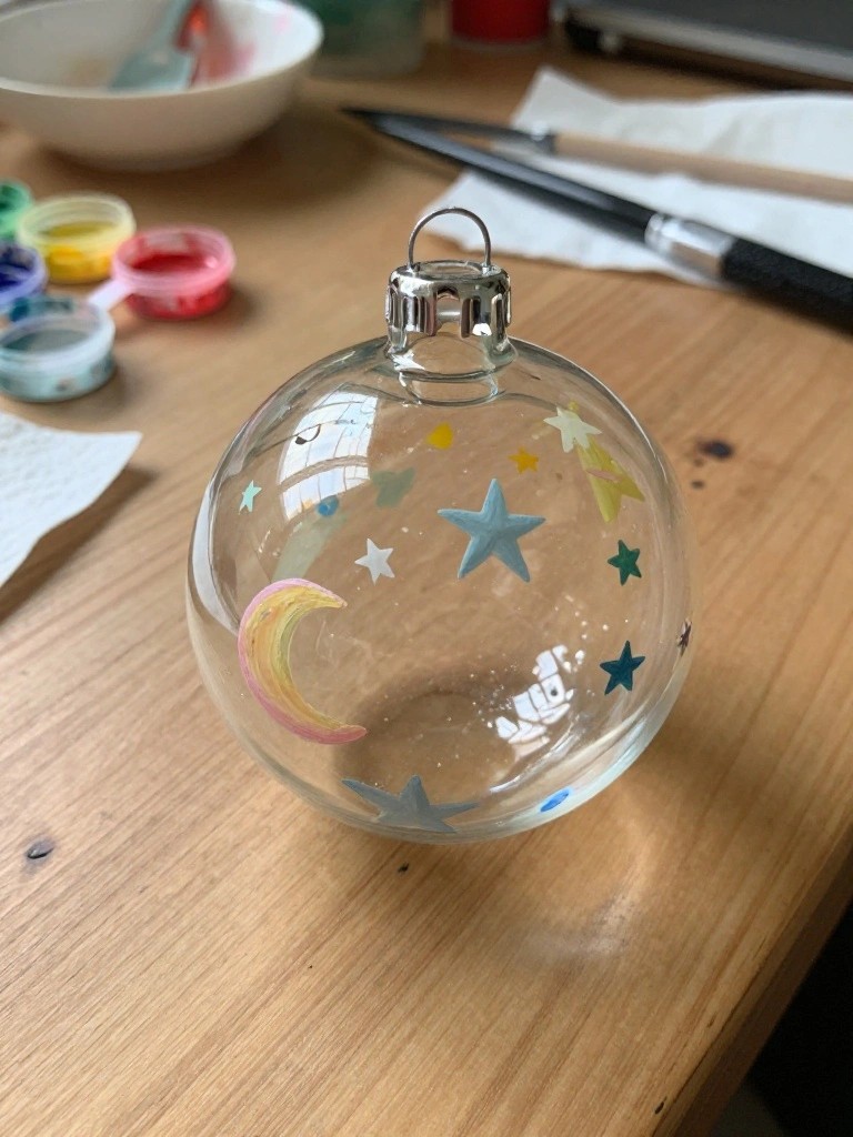 Glass ornament hand-painted with colorful stars and crescent moon on wooden table