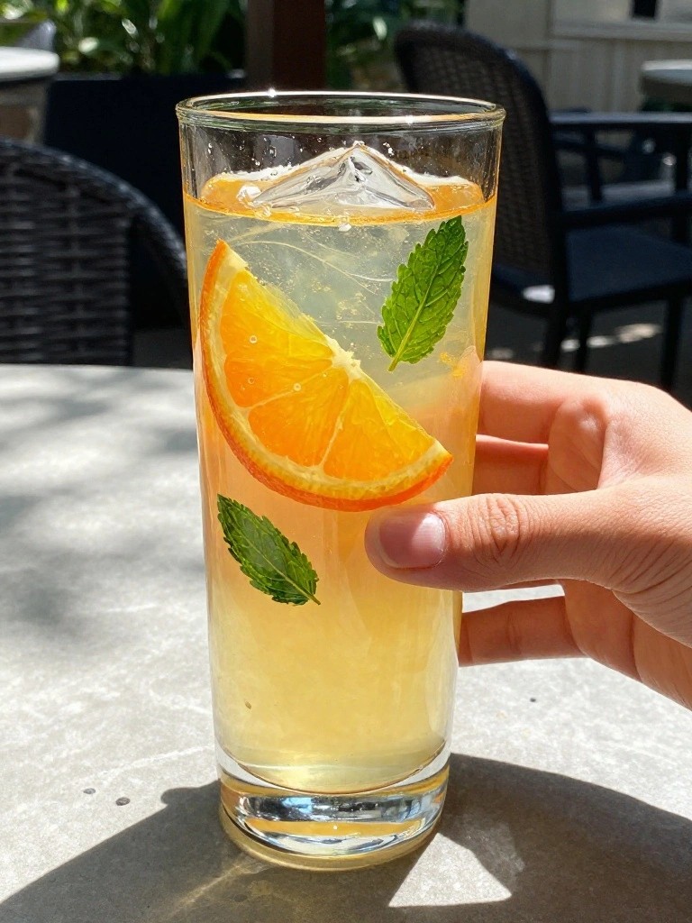 Hand holding tall glass of yellow drink with orange slice, mint, and ice