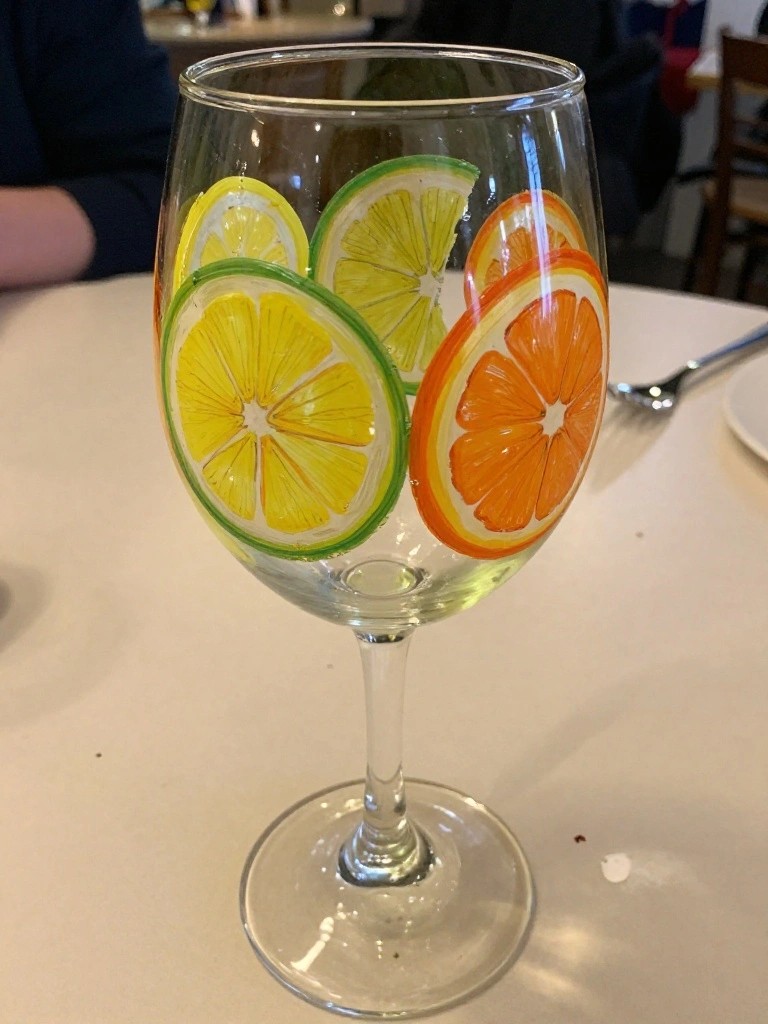 Wine glass painted with yellow lemon, green lime, and orange slices on table