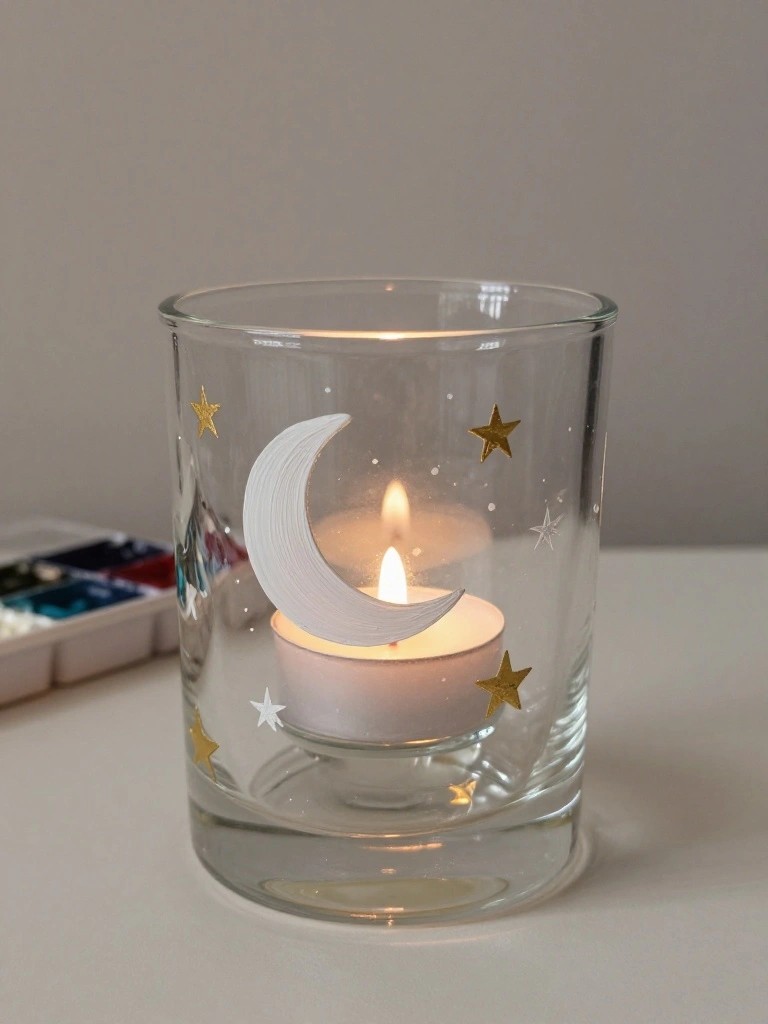 Lit candle in glass holder with white crescent moon and gold stars