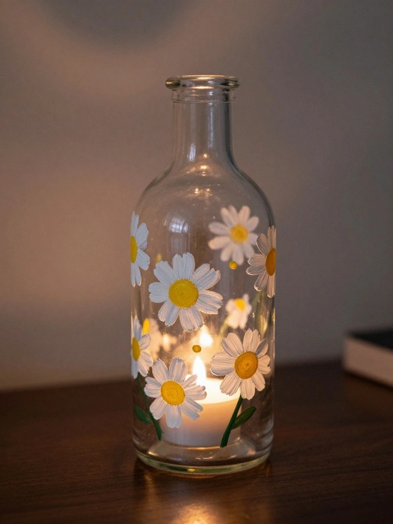 Glass bottle with painted daisies holding a lit candle on wooden table