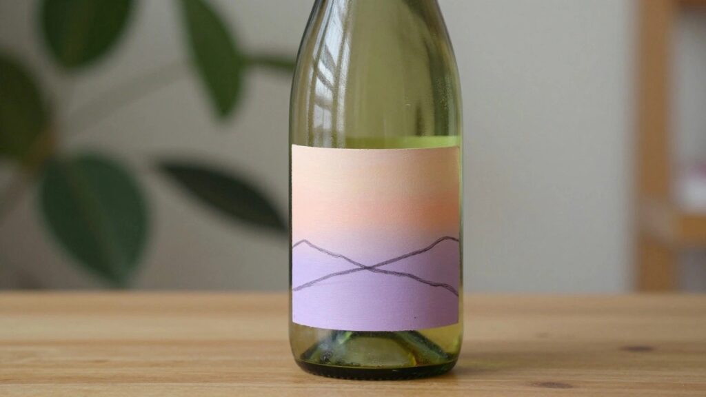A green glass bottle painted with a sunset gradient and black mountain lines sits on a wooden table.