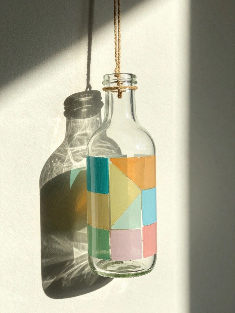 Colorful geometric-patterned glass bottle hanging by twine, shadow on white wall