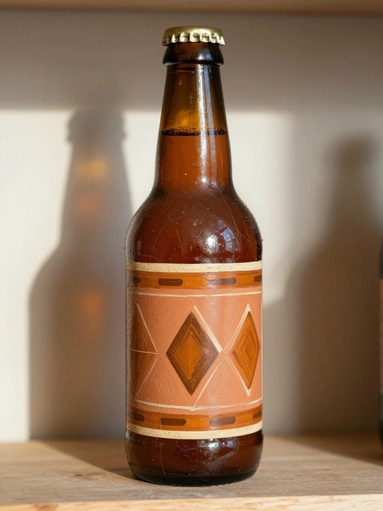 Brown beer bottle with gold cap and painted geometric label on wood.
