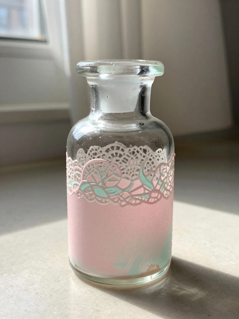 Small glass bottle with pink frosted base and pink-turquoise lace pattern in sunlight