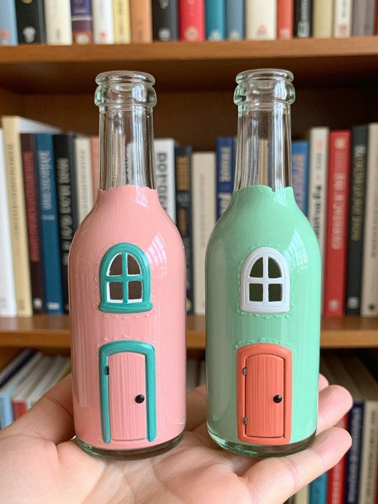 Hand holding pink and green glass bottles shaped like tiny houses with doors and windows.