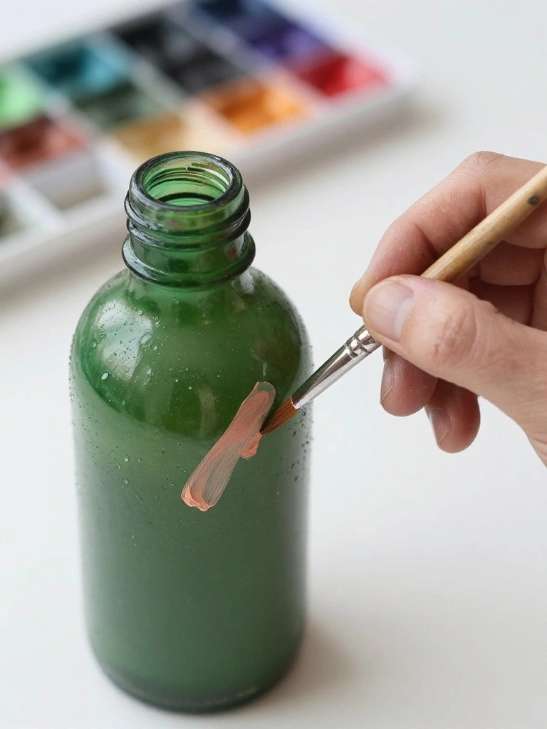 Hand painting peach watercolor stroke on green glass bottle with palette behind