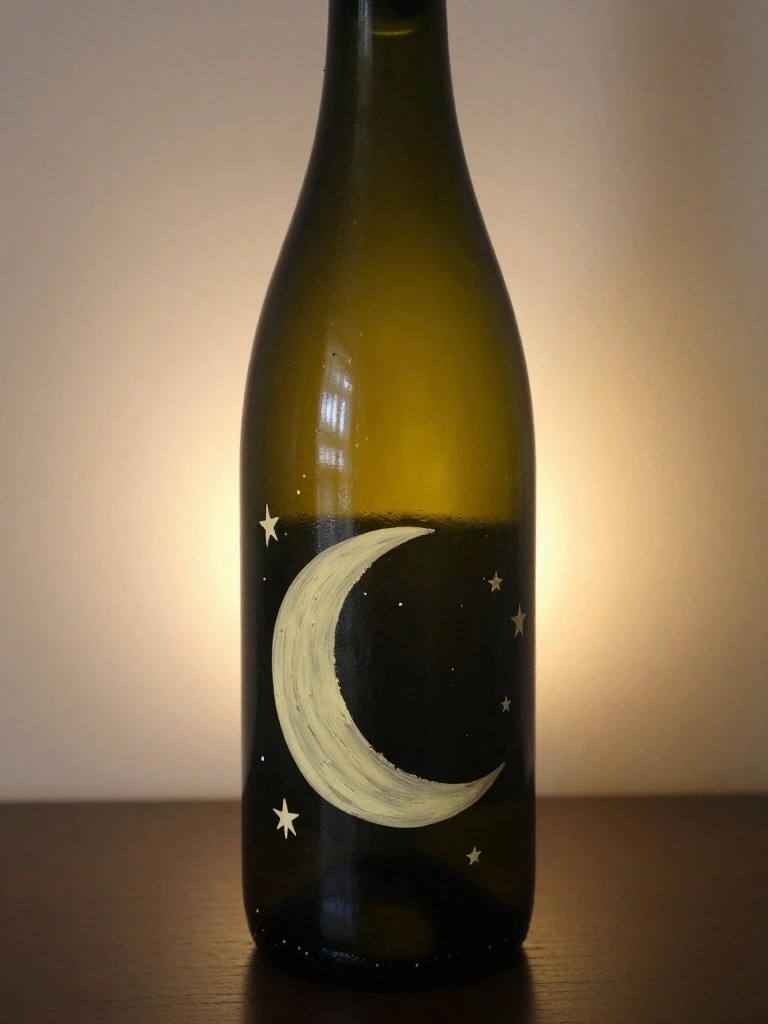 Green glass bottle with white crescent moon and stars painted on black section