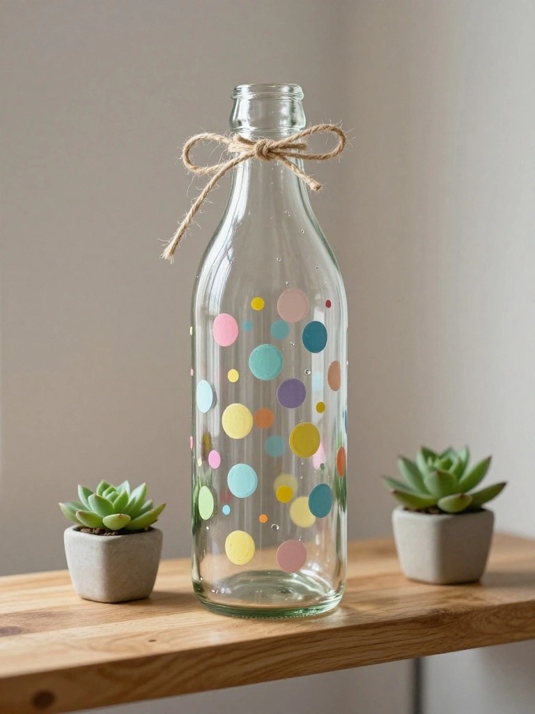 Glass bottle with colorful dots and twine bow beside two potted succulents on wood.