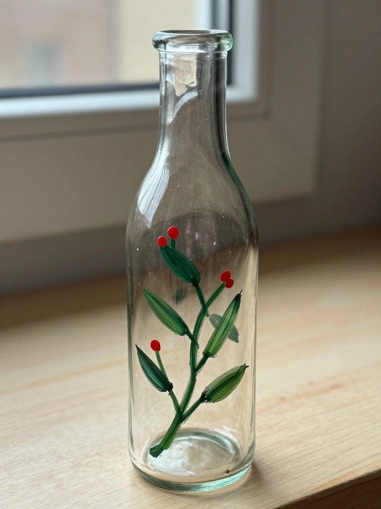 Glass bottle with painted green leaves and red berries on wooden surface
