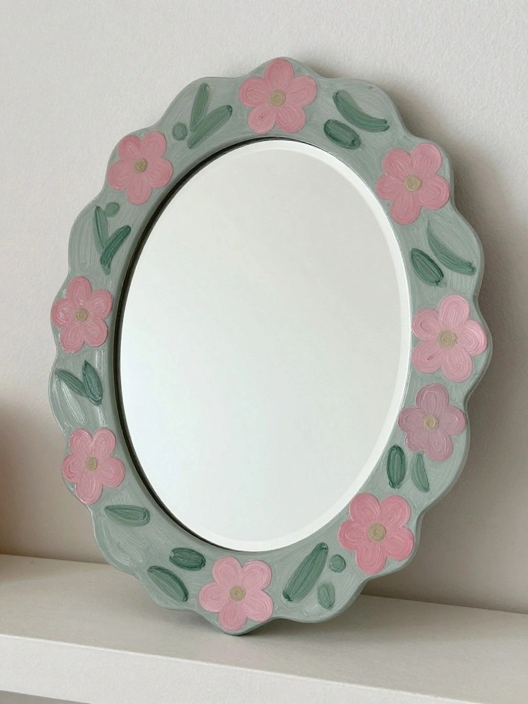 Oval mirror with mint green scalloped frame painted with pink flowers and leaves.