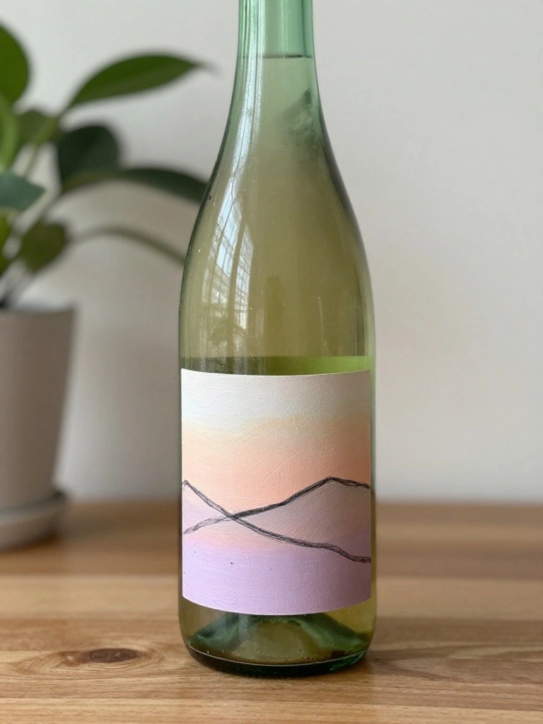 A green glass bottle painted with a sunset gradient and black mountain lines sits on a wooden table.