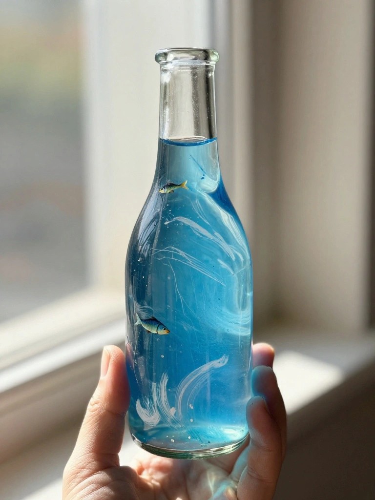 Hand holding glass bottle of blue liquid with white swirls and two fish