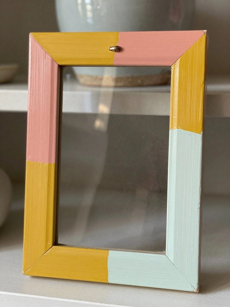 Colorful wooden picture frame painted in yellow, pink, and mint green sections.