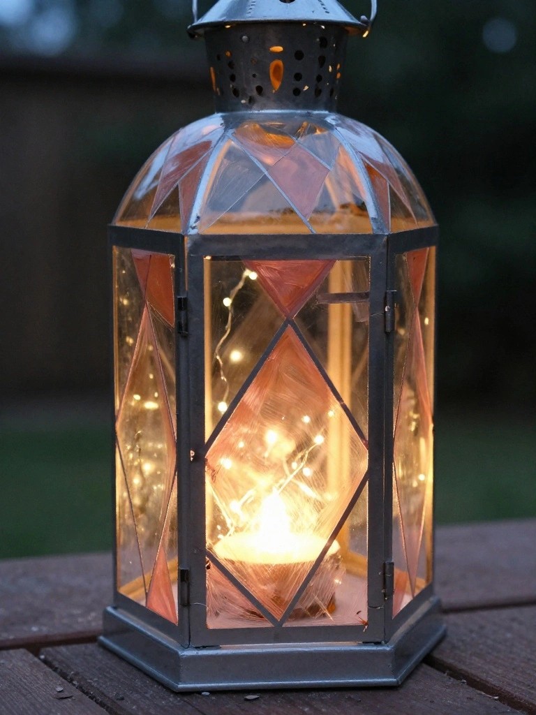 Ornate metal lantern glowing with lit candle and string lights on wood.