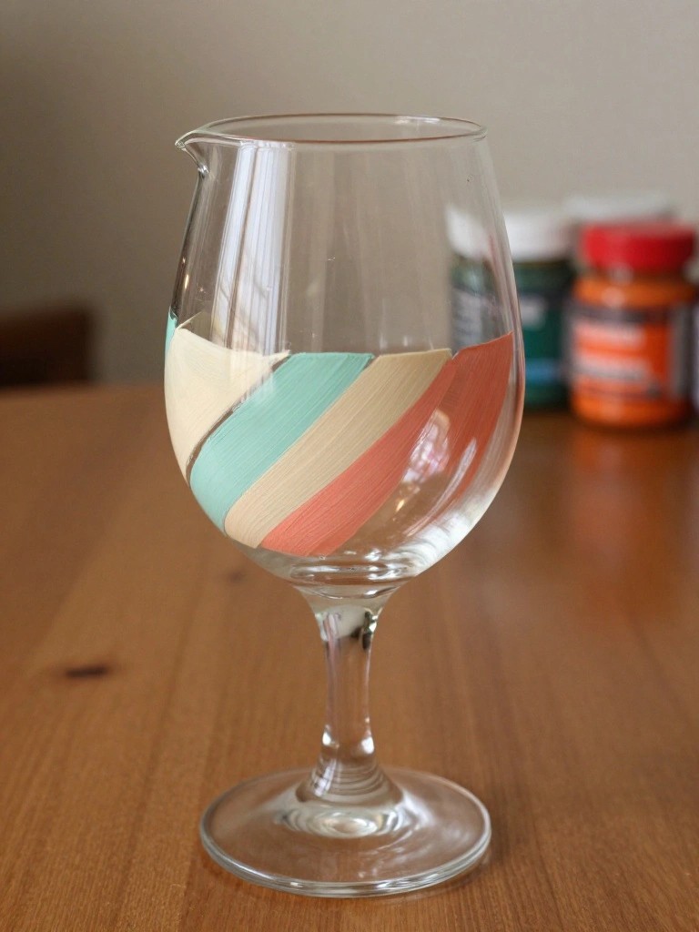 Stemmed wine glass with diagonal beige, turquoise, and coral paint stripes on wood.