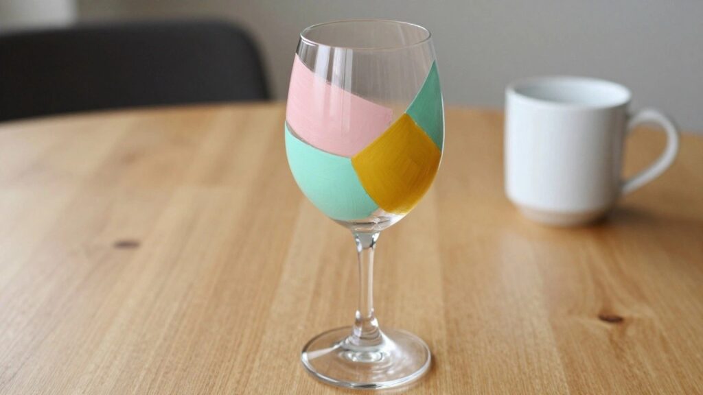 Pink and mint green zigzag-painted wine glass on wooden table.