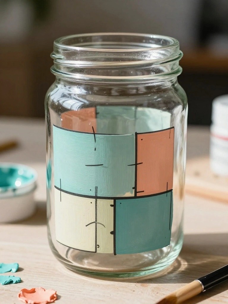 Glass jar with teal, peach, and cream geometric grid painting and black outlines amid art supplies