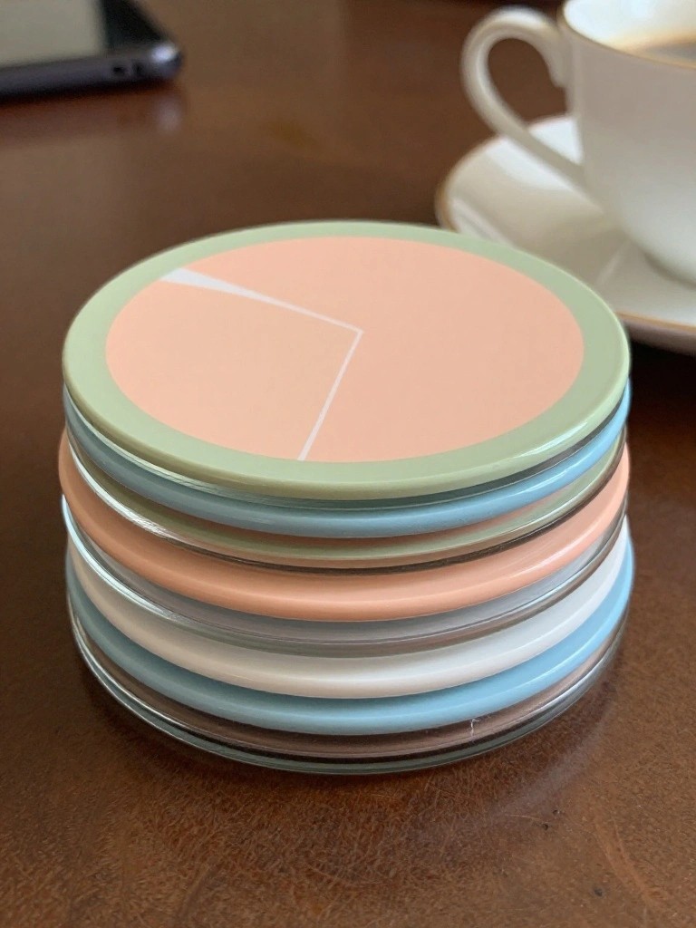Stack of pastel round coasters on wooden table with white teacup nearby