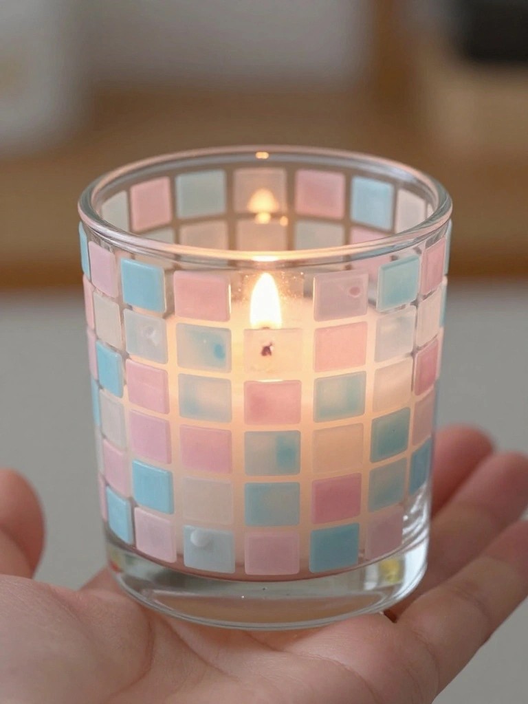 A hand holds a lit glass candle holder covered in a grid of pastel pink, blue, and white squares.