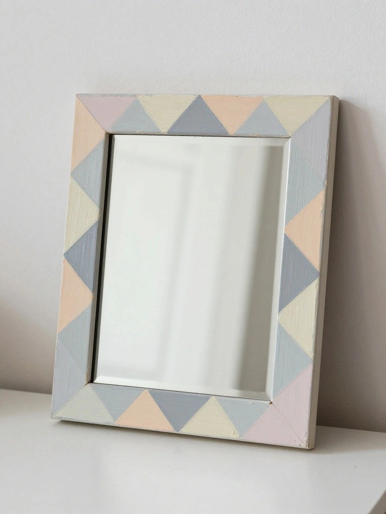 Rectangular mirror with hand-painted pastel triangle frame on white surface against wall