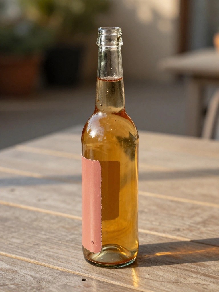 Clear glass bottle with pink label and yellow liquid on wooden table