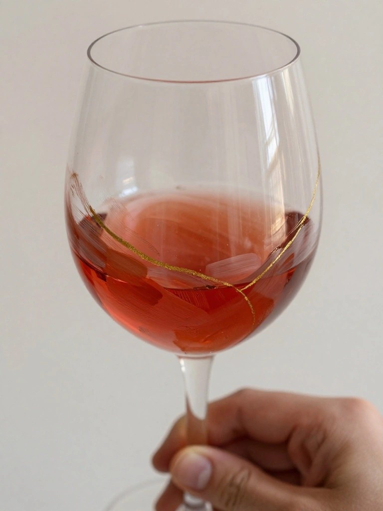 Hand holding wine glass with pink liquid and gold brushstrokes.