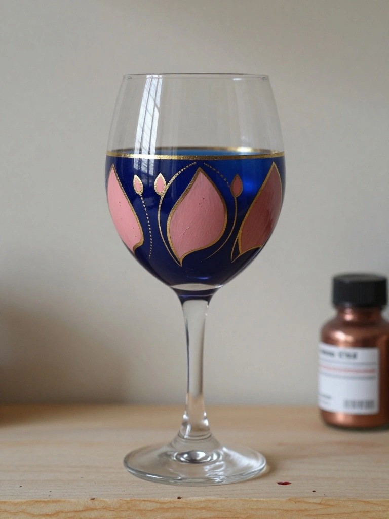 Wine glass painted blue with pink petals and gold outlines on wooden surface