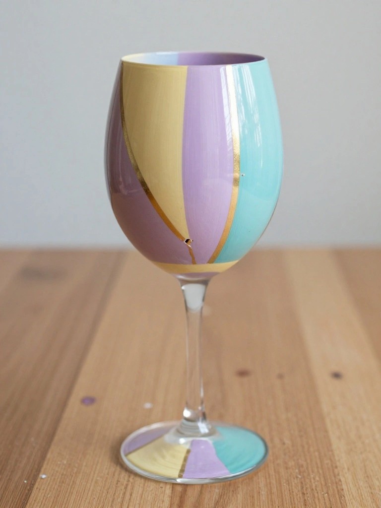 A wine glass with sections of purple, yellow, lavender, and turquoise paint separated by gold lines and matching paint on the base.